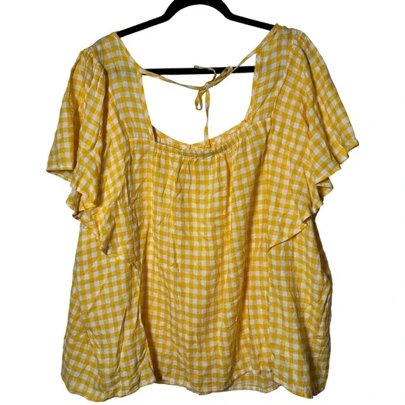 Old Navy Gingham Linen-Blend Tie-Back‎ Flutter-Sleeve Plus Sz 4x Picnic Casual - Picture 2 of 7